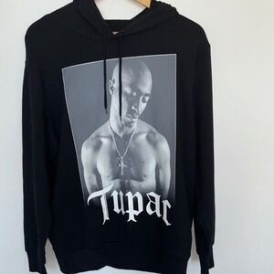 Tupac Shakur Graphic Hoodie Size L Black Cotton Blend Hip Hop Rap Streetwear Lg